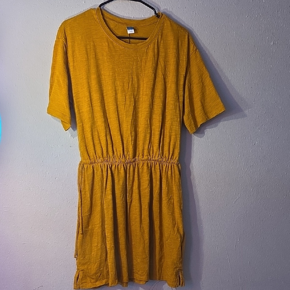 Mustard Yellow T-Shirt Dress – Short Sleeve, Drawstring Waist